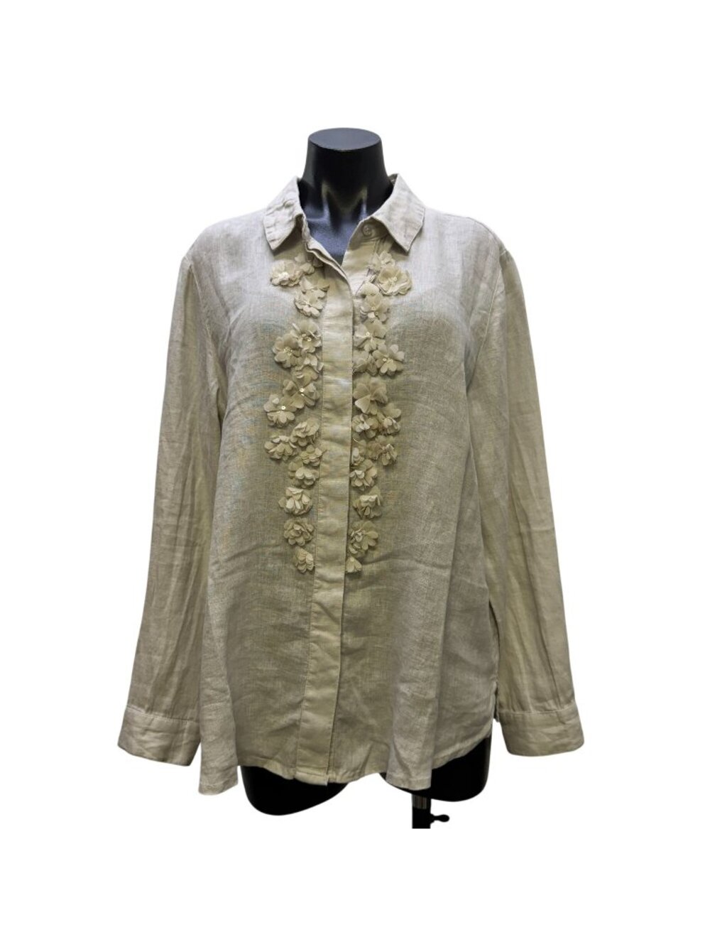 NWT Chico's Linen Blouse Cream Floral Embellished Button-Front Size 2/L